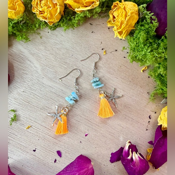 Jewelry - Handmade Larimar earrings with Starfish charms